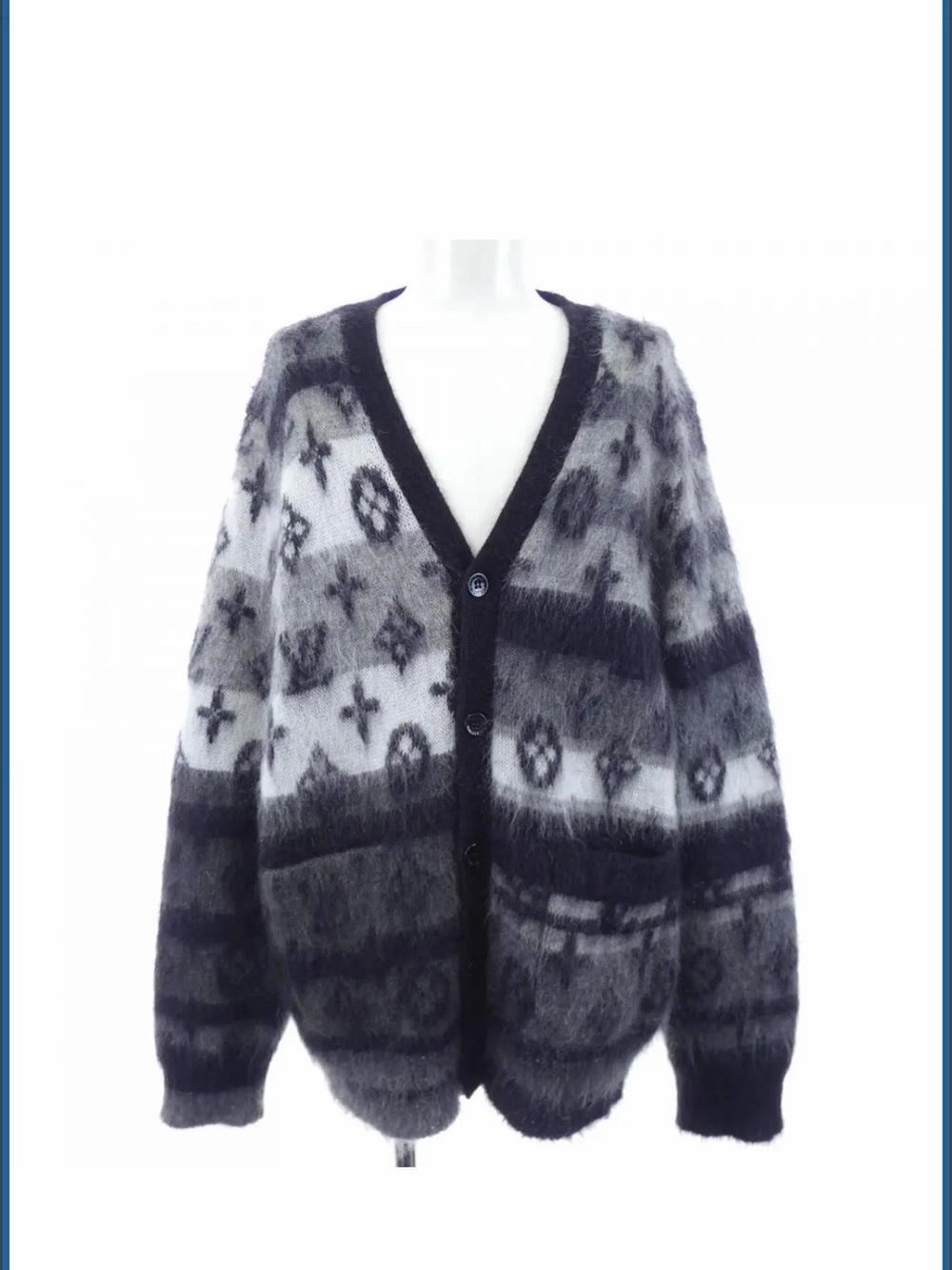 Monochrome Fuzzy Logo-Pattern Cardigan